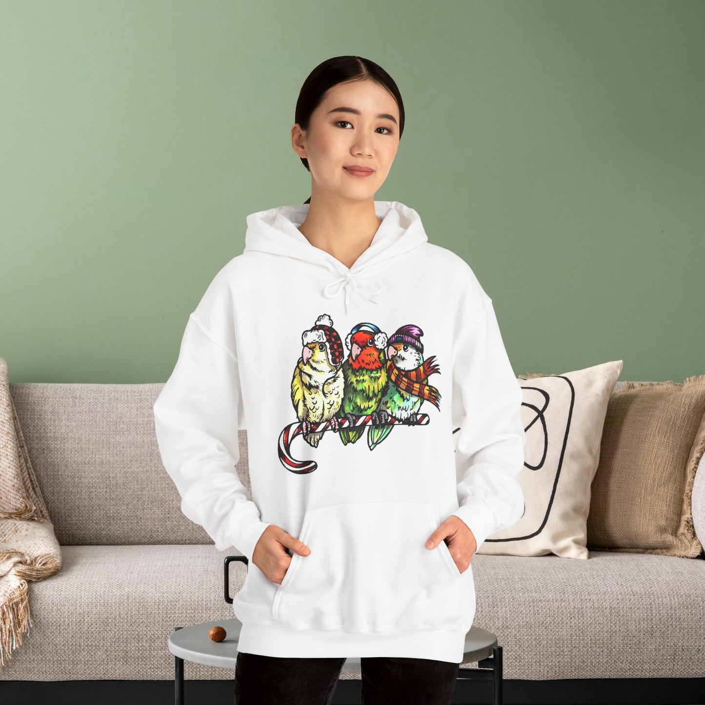 3 Lovebirds with Winter Wear & Perched on a Candy Cane Hoodie