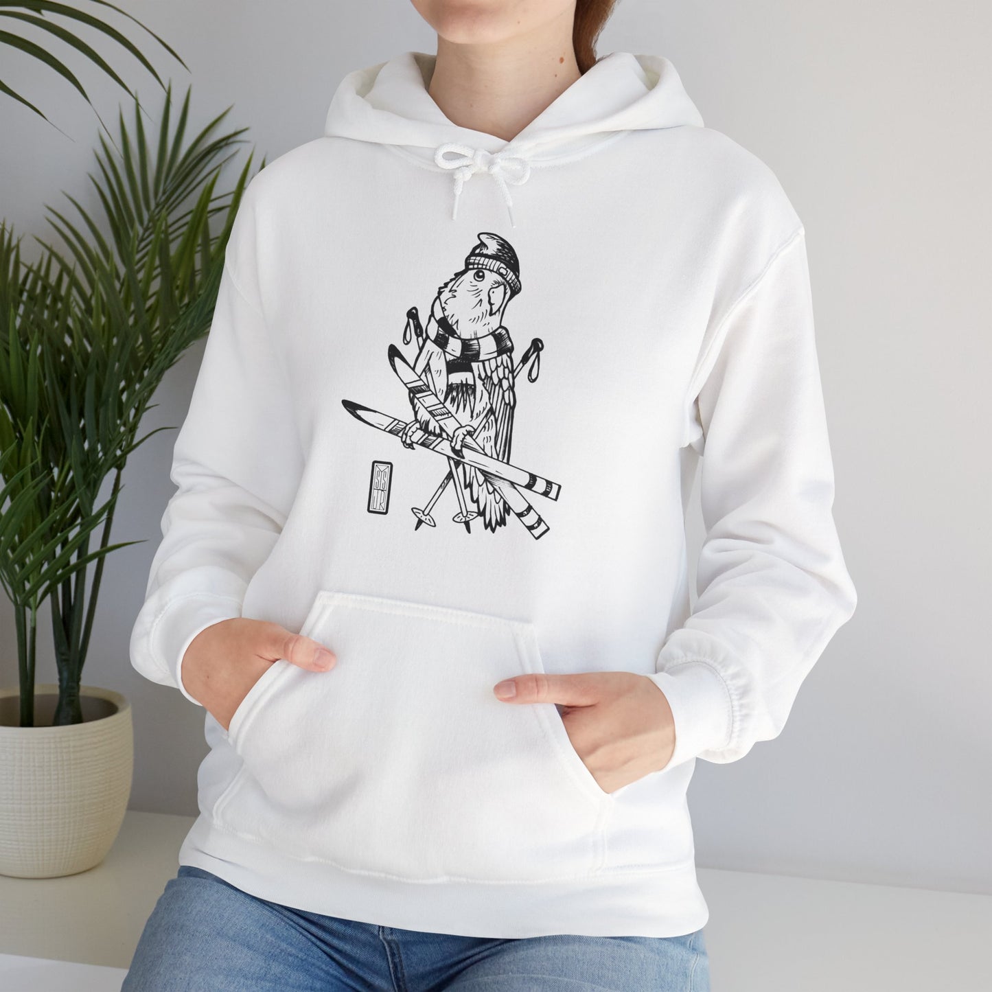 Lovebird Goes Skiing, Line Art Hoodie