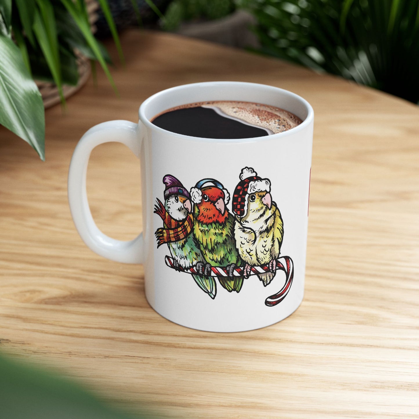 3 Lovebirds With Winter Wear & Perched on a Candy Cane, 11oz or 15oz Mug
