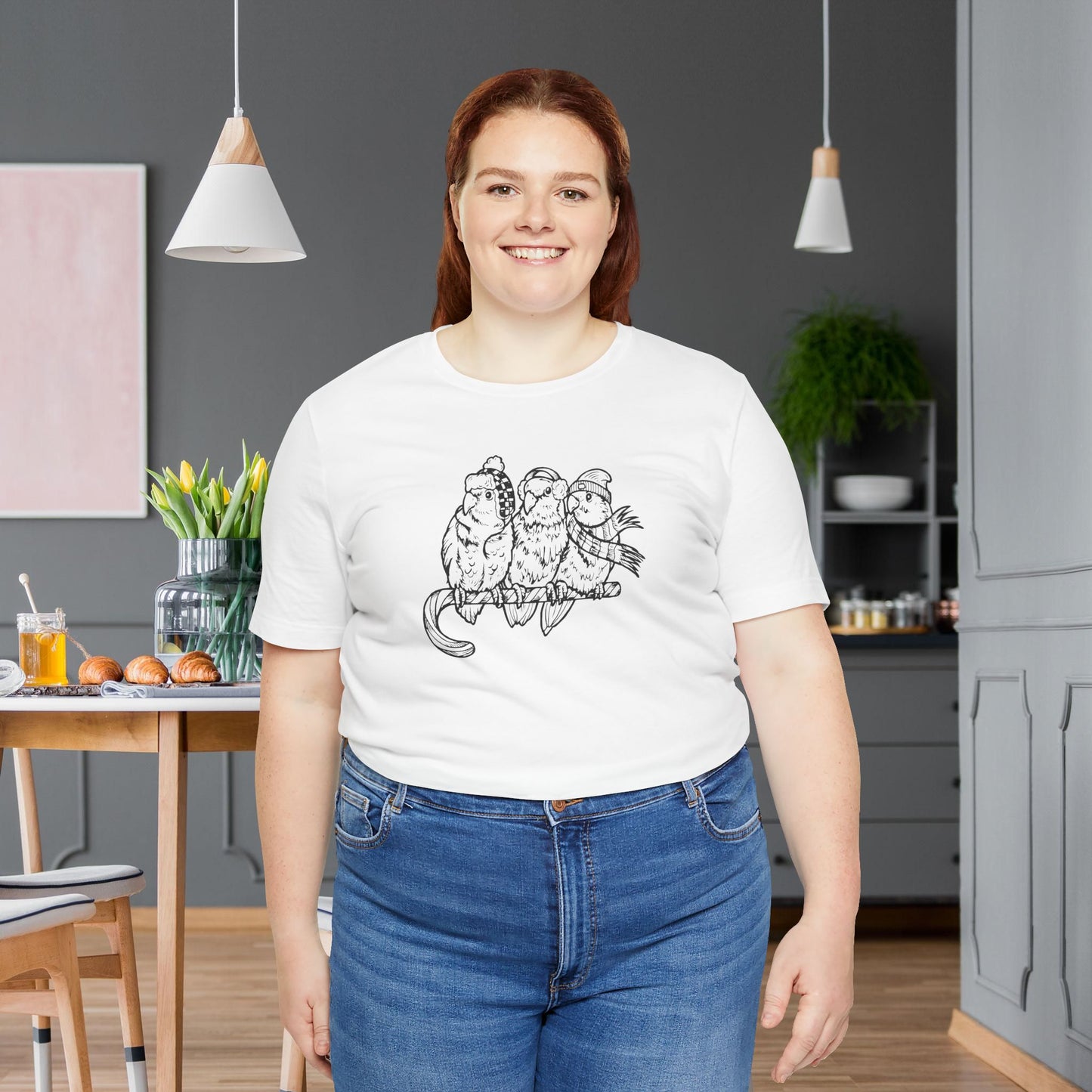 3 Lovebirds in Winter Wear & Perched on a Candy Cane, Line Art Tee