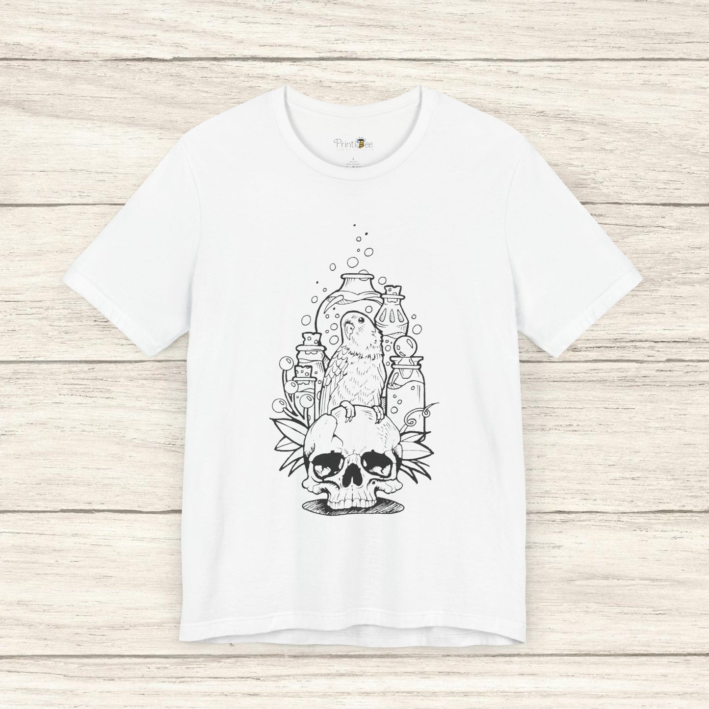 Crazy Scientist Lovebird Sitting on a Skull, Line Art Tee
