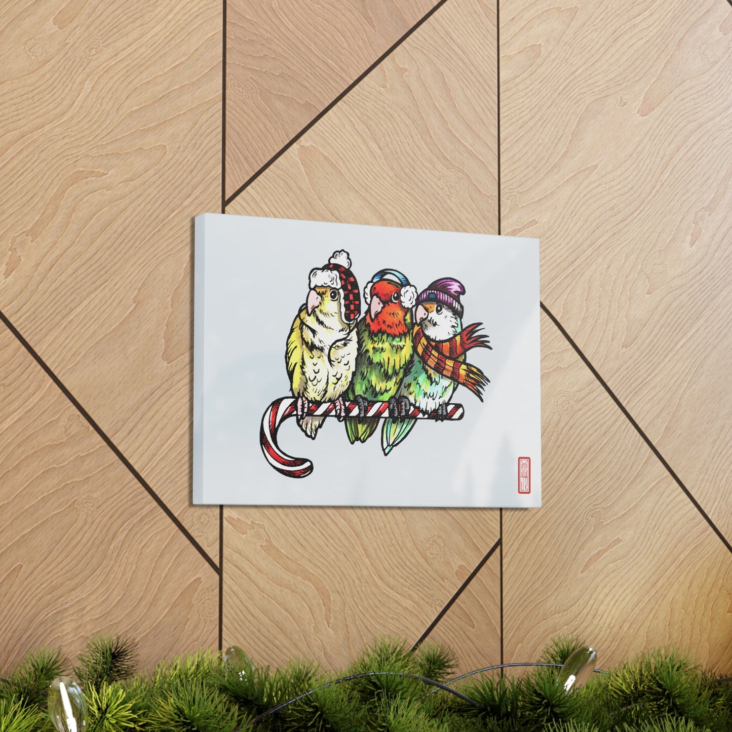 3 Lovebirds with Winter Wear & Perched on a Candy Cane, Canvas Wrap Wall Art