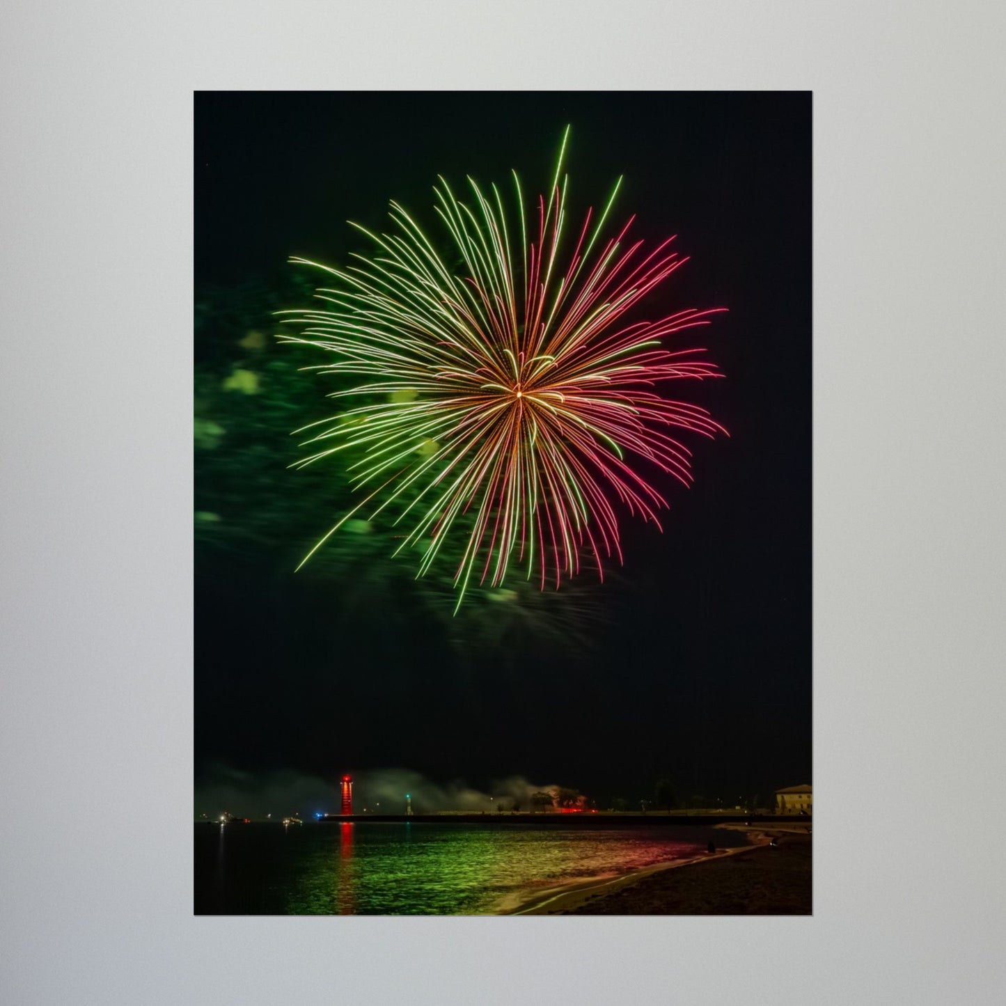 Green & Pink 4th of July Fireworks over Kenosha Pier Light Rolled Poster