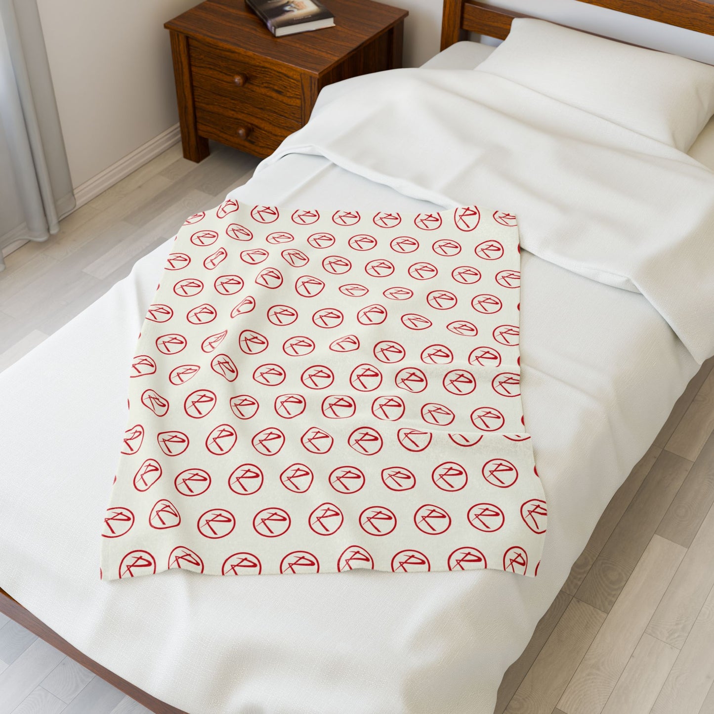 Velveteen Plush Red Rambler Logo Ivory Blanket
