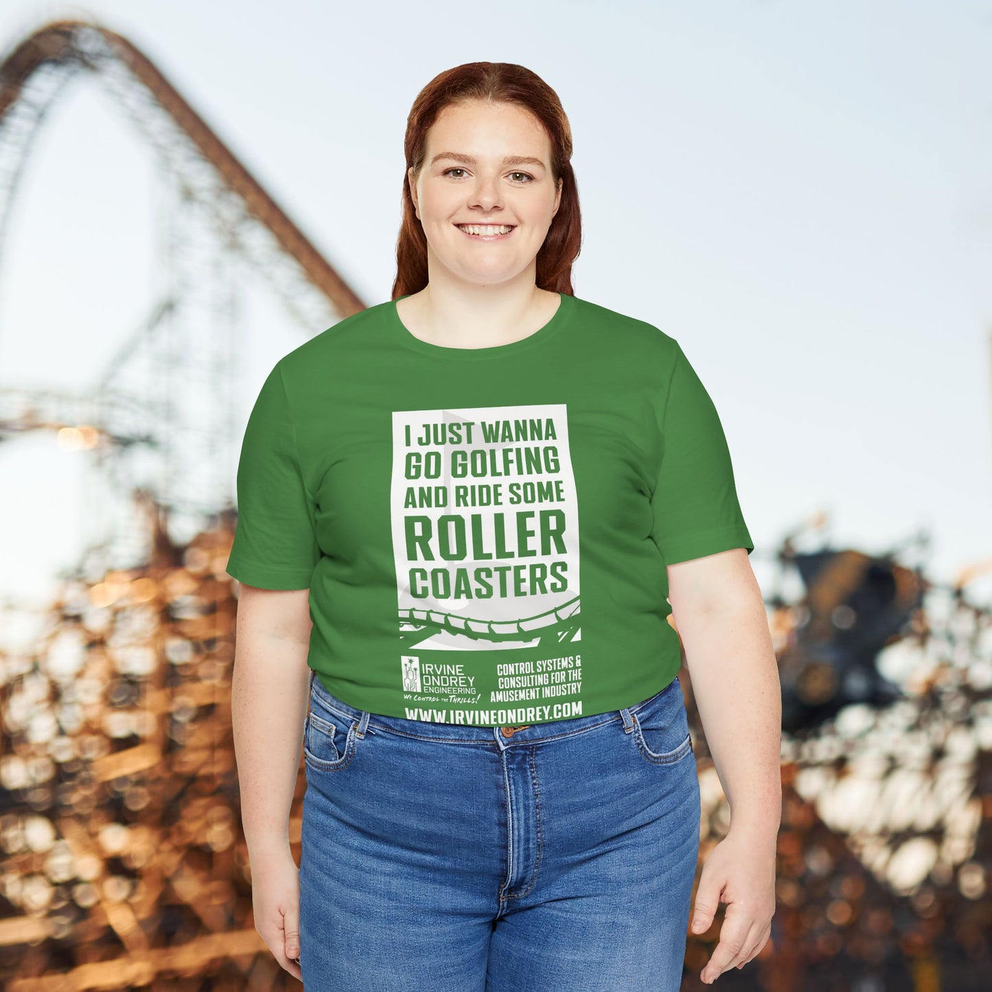 I Just Wanna Go Golfing & Ride Roller Coasters Tee (FRONT graphic) • Irvine Ondrey Engineering