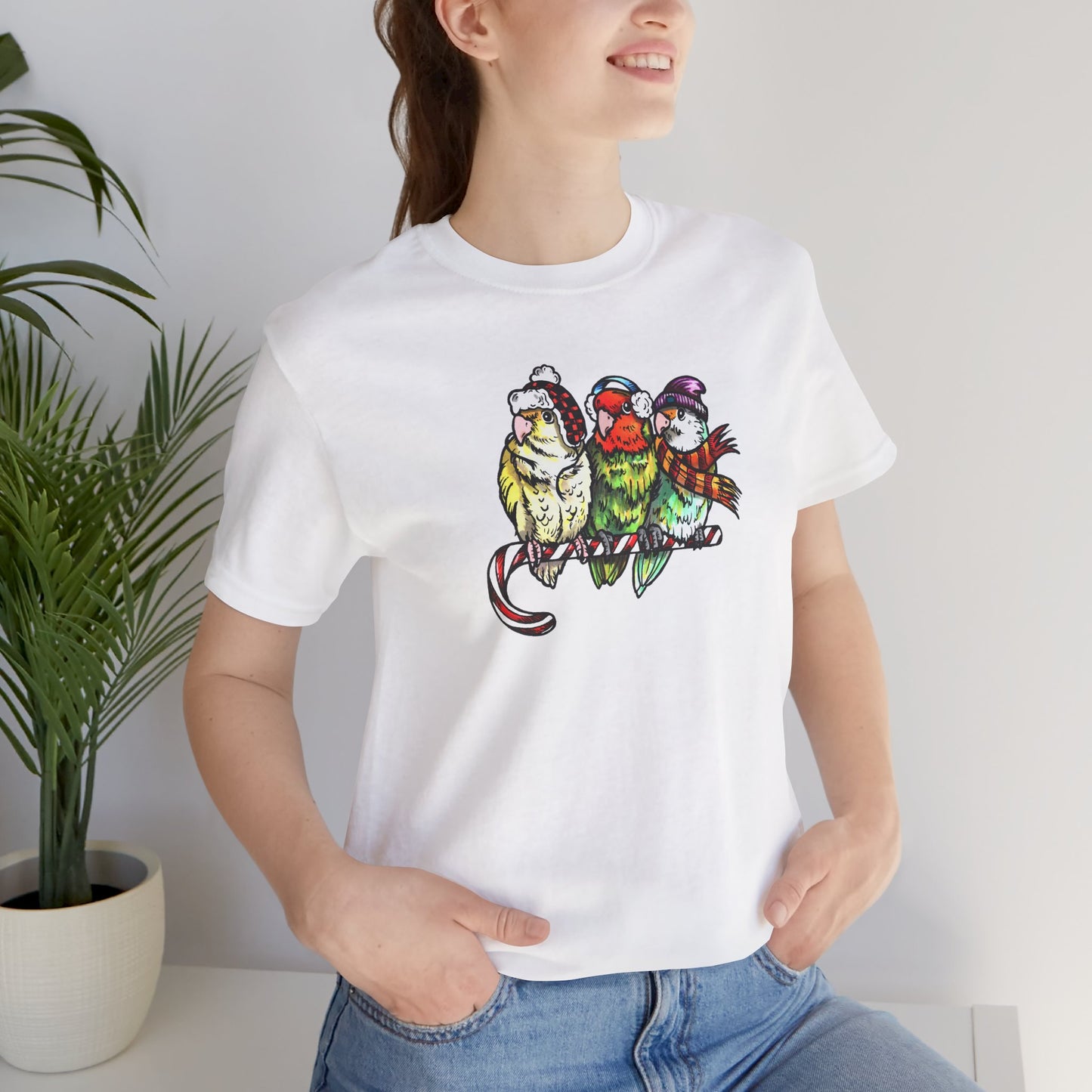 3 Lovebirds in Winter Wear & Perched on a Candy Cane, Tee