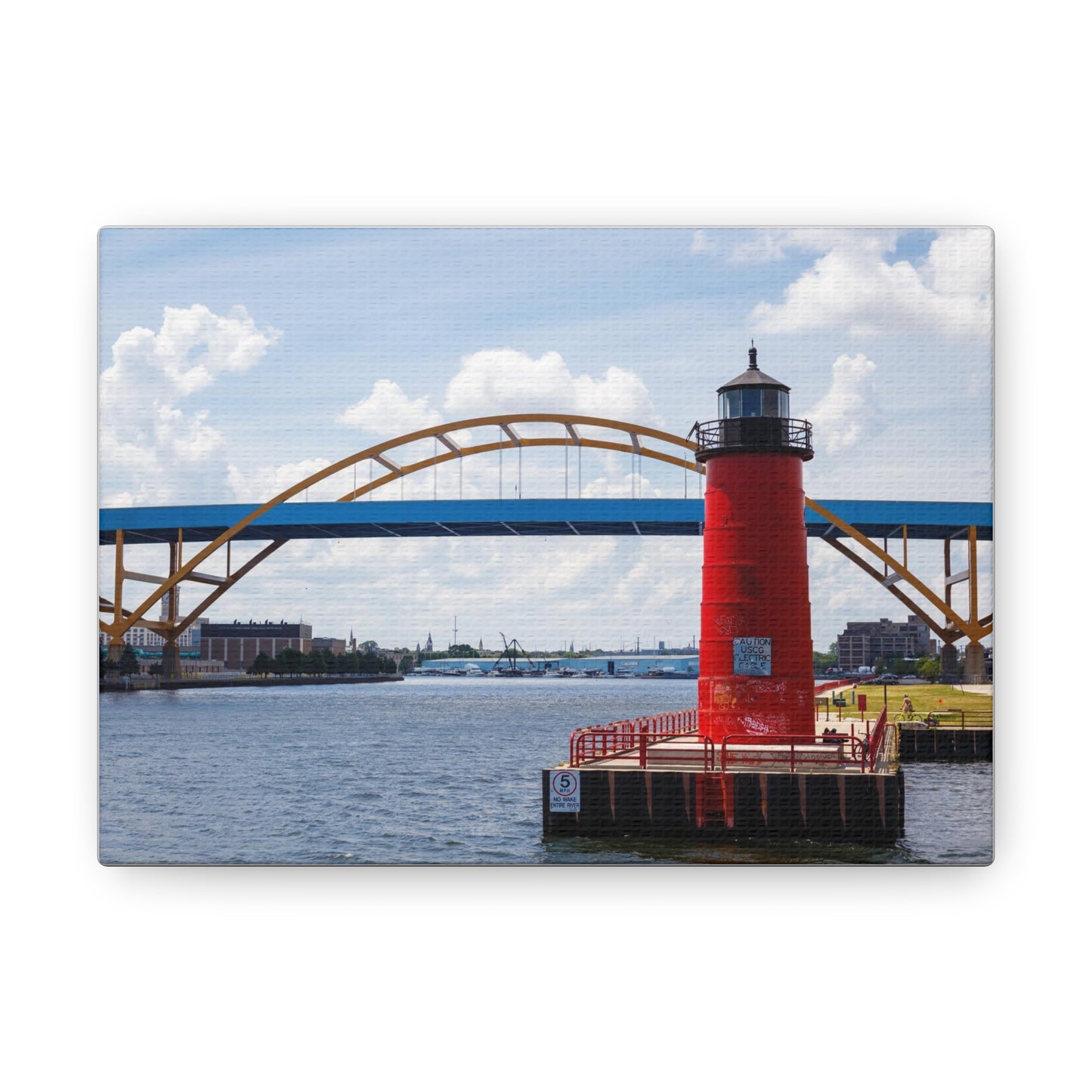 Puente y faro de Milwaukee Wisconsin Hoan; Milwaukee Pierhead Light, fotografía lienzo envoltura arte de pared