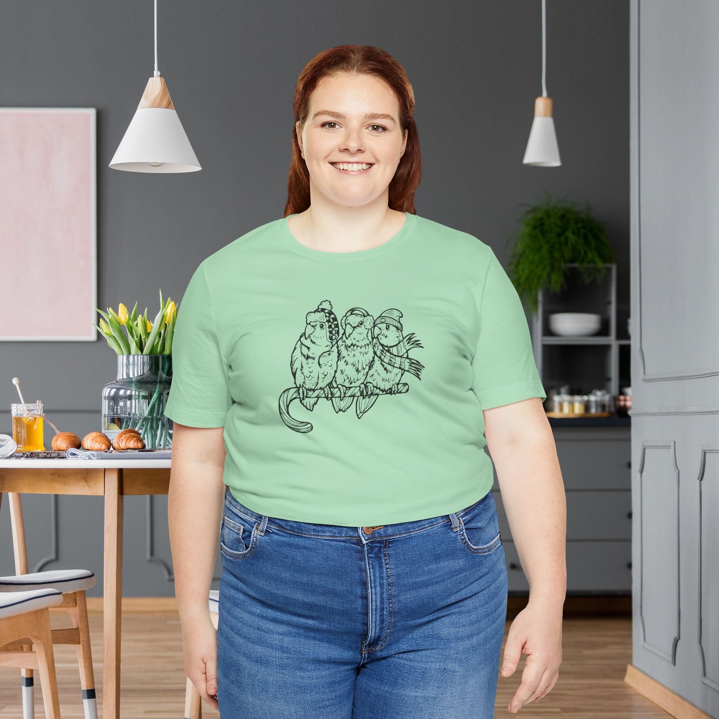 3 Lovebirds in Winter Wear & Perched on a Candy Cane, Line Art Tee