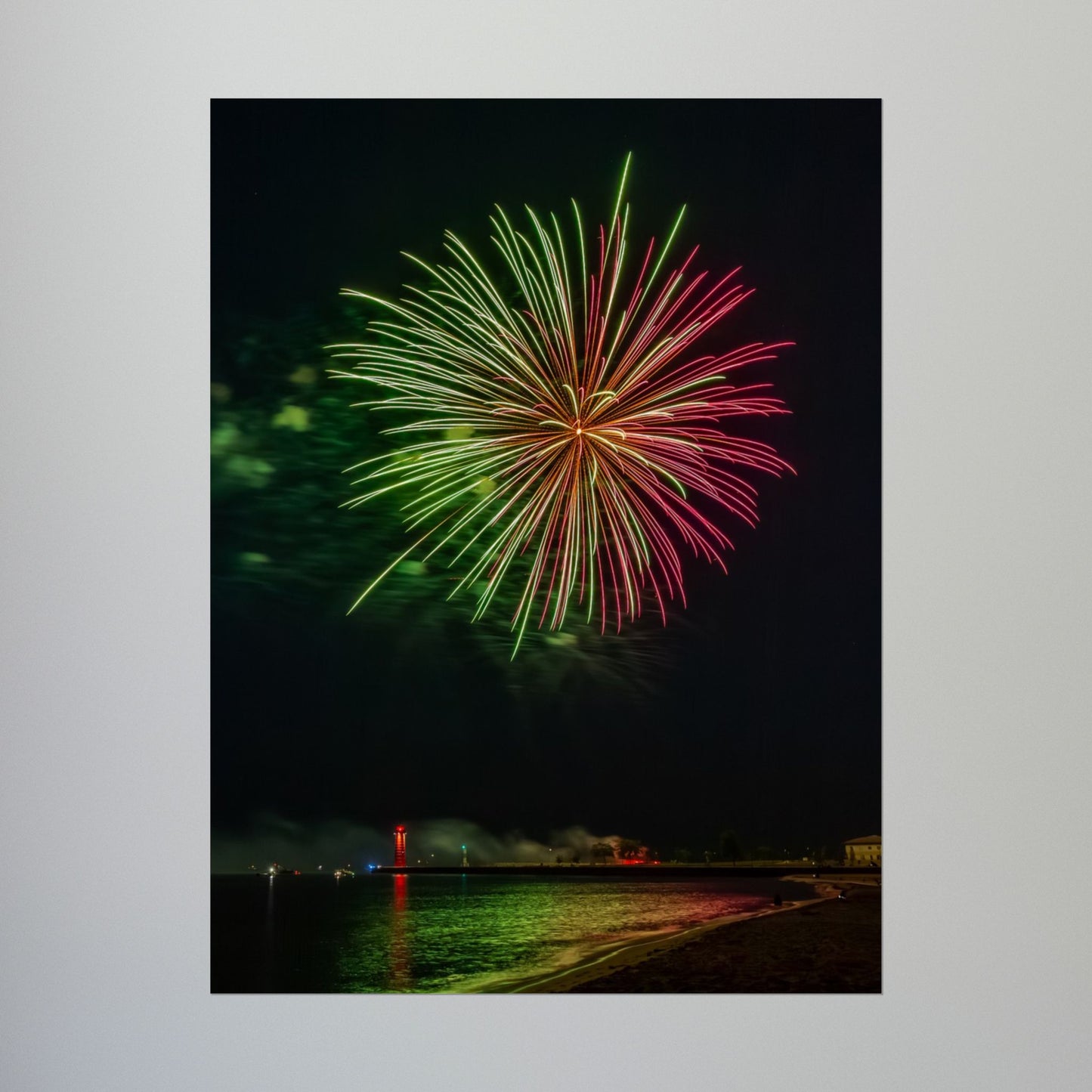 Green & Pink 4th of July Fireworks over Kenosha Pier Light Rolled Poster