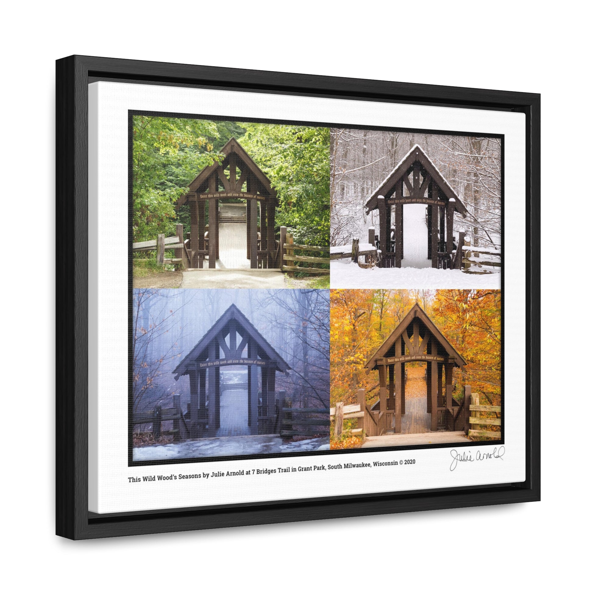 7 Bridges Trail’s Covered Bridge at Grant Park in South Milwaukee Wisconsin, All 4 Seasons Photo Collage, Framed Canvas Wrap Wall Art