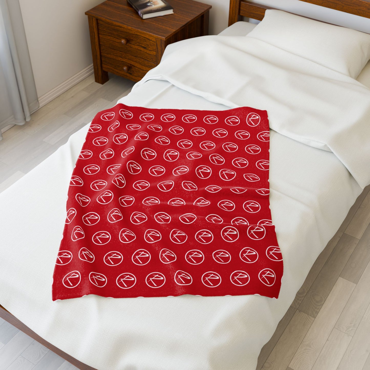 Velveteen Plush White Rambler Logo Red Blanket