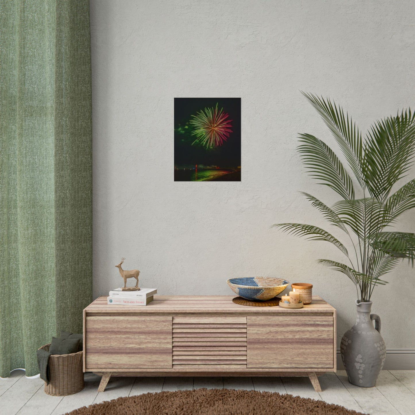 Green & Pink 4th of July Fireworks over Kenosha Pier Light Rolled Poster