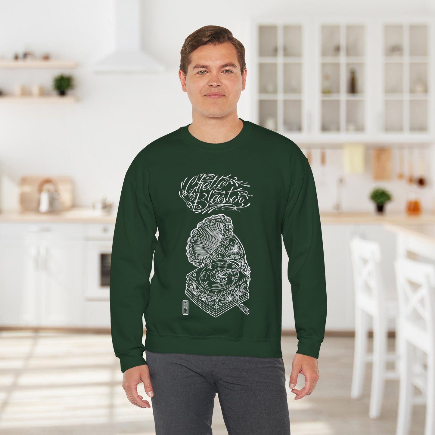 Ghetto Blaster, sudadera con cuello redondo y arte lineal