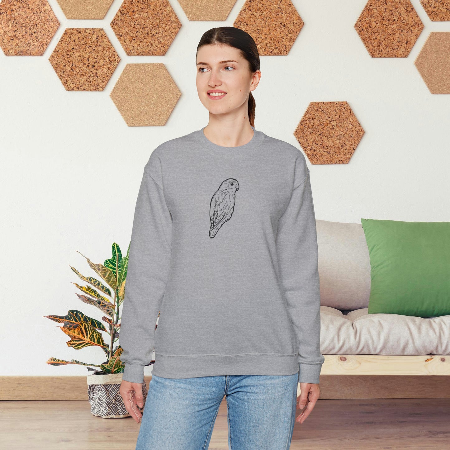 Cuddly Lovebird, sudadera con cuello redondo y arte lineal