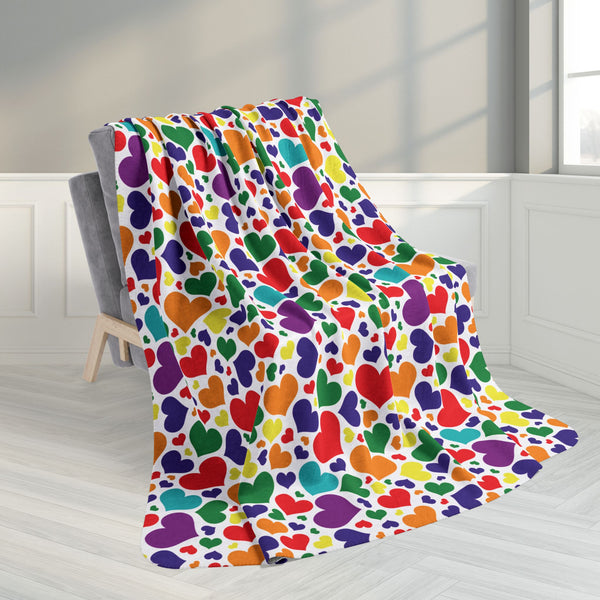 60" × 80" Rainbow 7-Color Pride Hearts White Fleece Sherpa Blanket