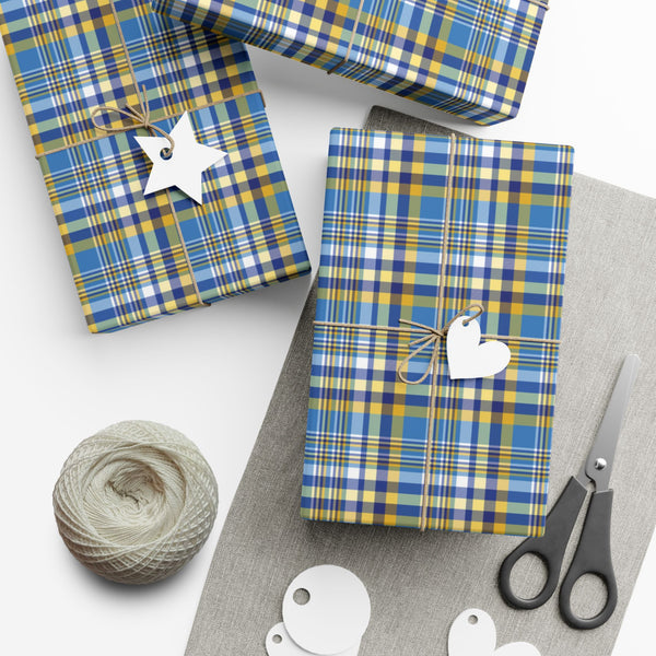 29'' x 72" Satin Hannukah Navy Blue, Light Blue, White & Gold Plaid Gift Wrapping Paper Roll