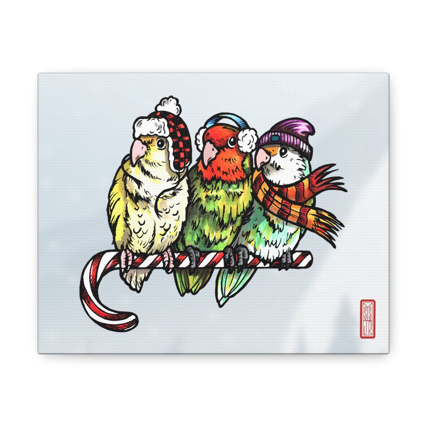 3 Lovebirds with Winter Wear & Perched on a Candy Cane, Canvas Wrap Wall Art