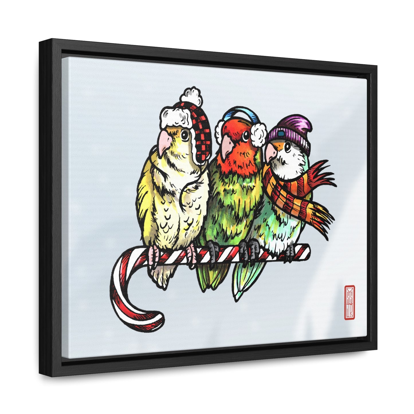 3 Lovebirds with Winter Wear & Perched on a Candy Cane, Framed Canvas Wrap Wall Art