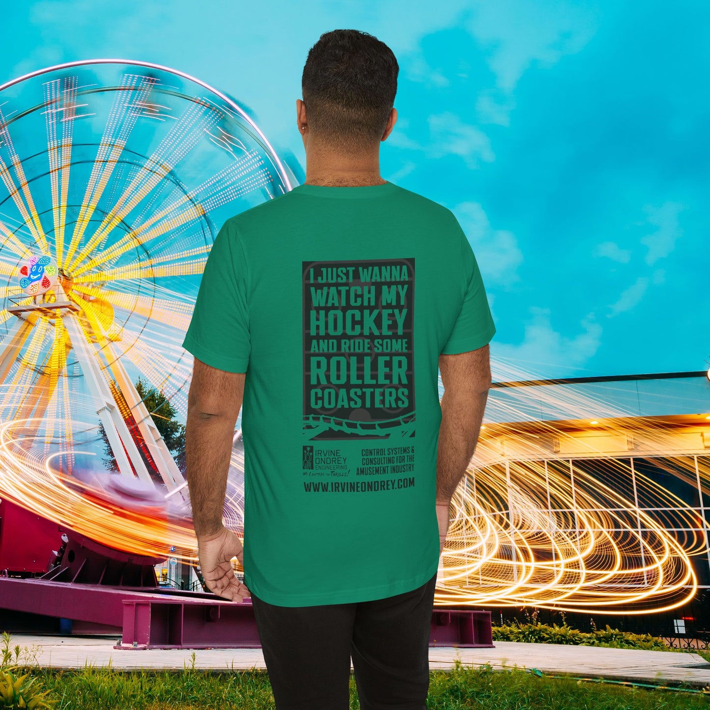 I Just Wanna Watch Hockey & Ride Roller Coasters Tee (BACK graphic) • Irvine Ondrey Engineering