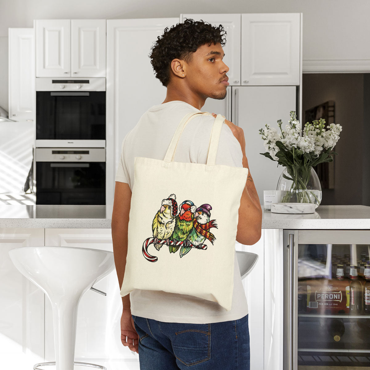 3 Lovebirds with Winter Wear & Perched on a Candy Cane, Cotton Canvas Tote Bag