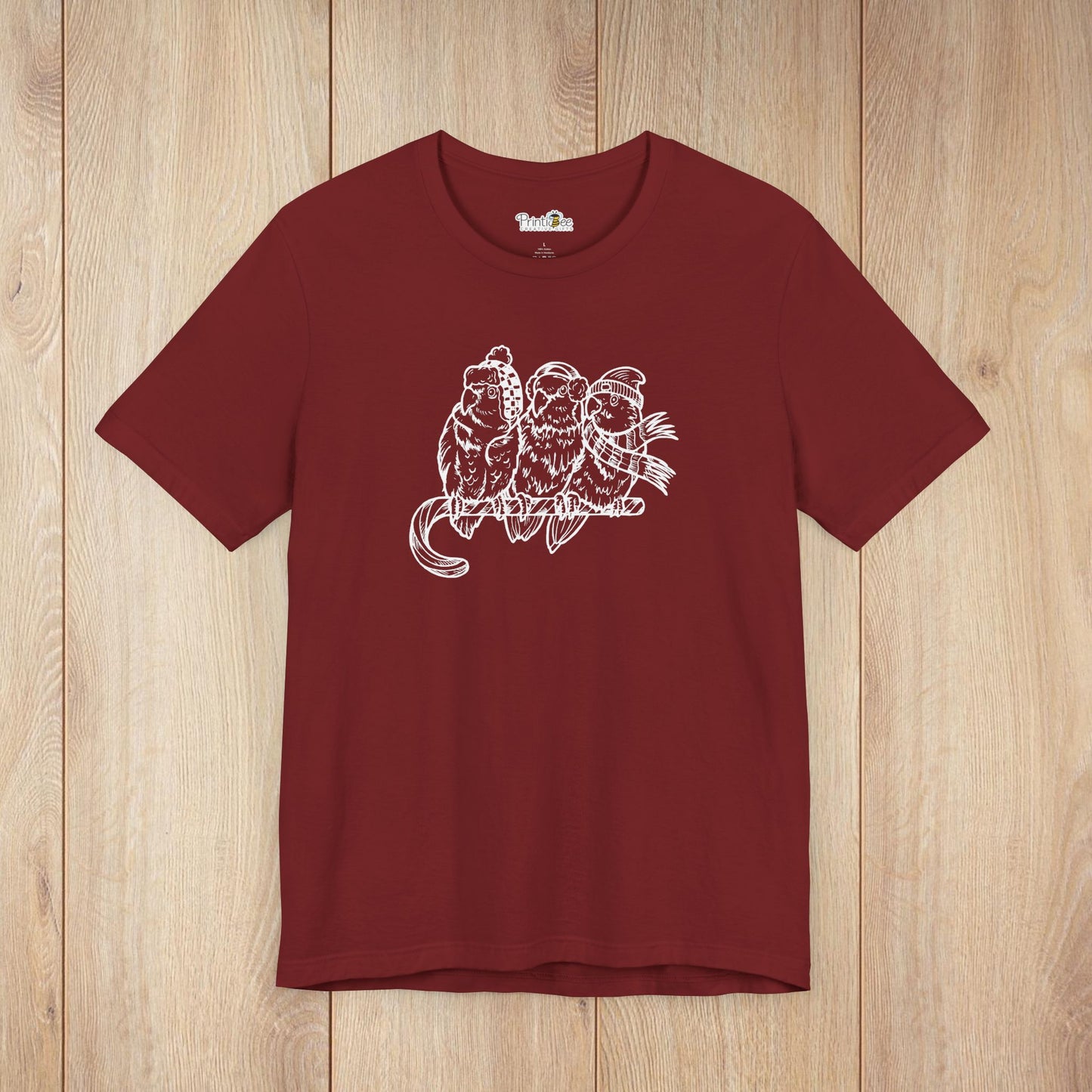 3 Lovebirds in Winter Wear & Perched on a Candy Cane, Line Art Tee