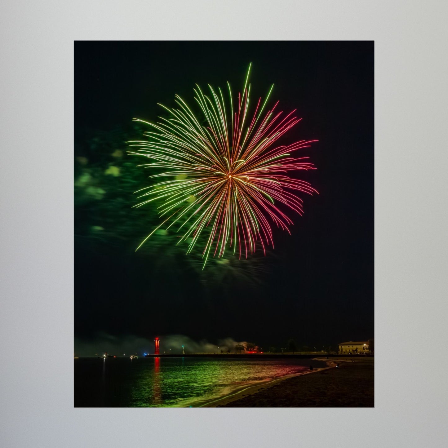 Green & Pink 4th of July Fireworks over Kenosha Pier Light Rolled Poster