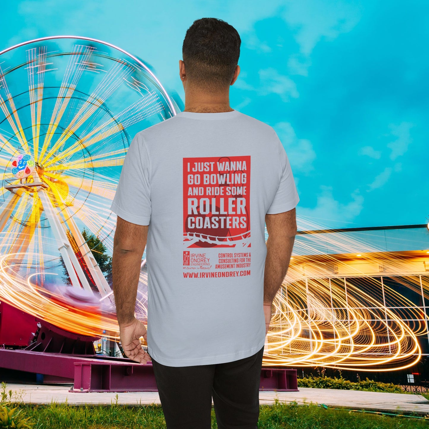 Light Blue I Just Wanna Go Bowling & Ride Roller Coasters Tee (BACK graphic) • Irvine Ondrey Engineering