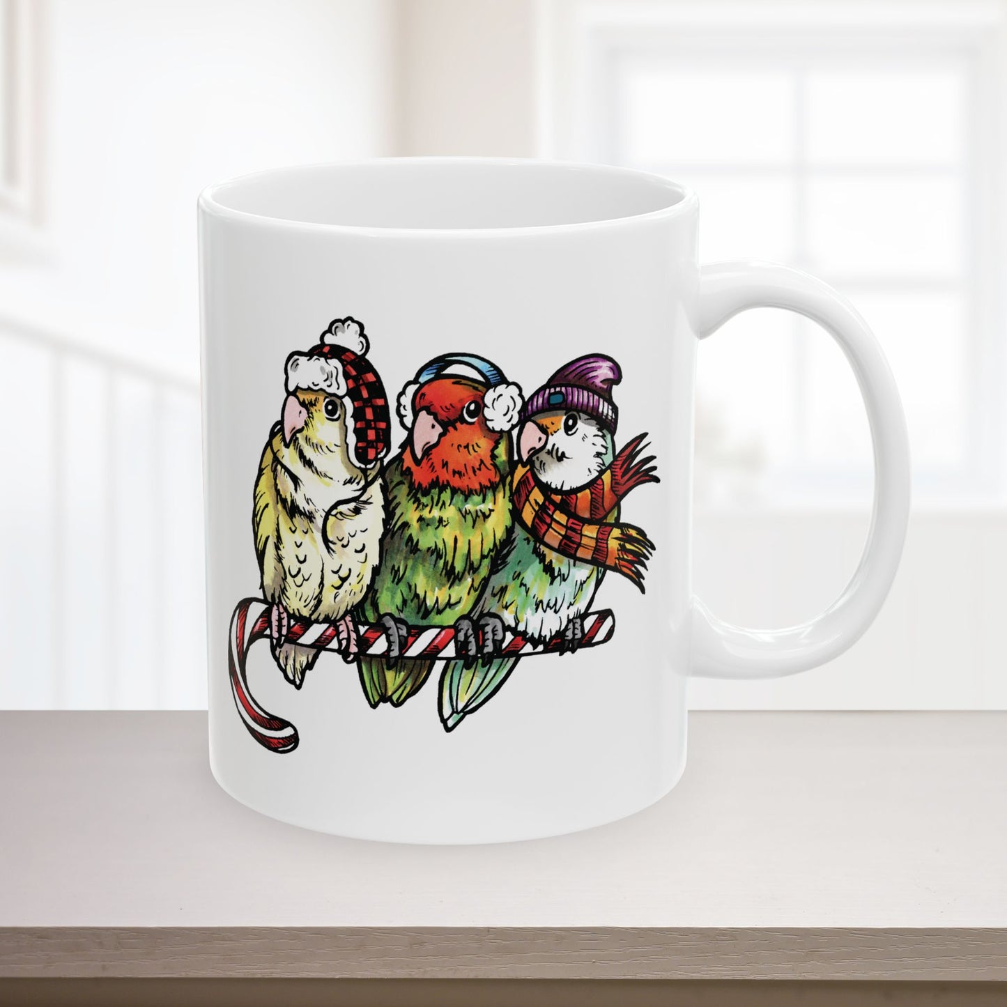 3 Lovebirds With Winter Wear & Perched on a Candy Cane, 11oz or 15oz Mug