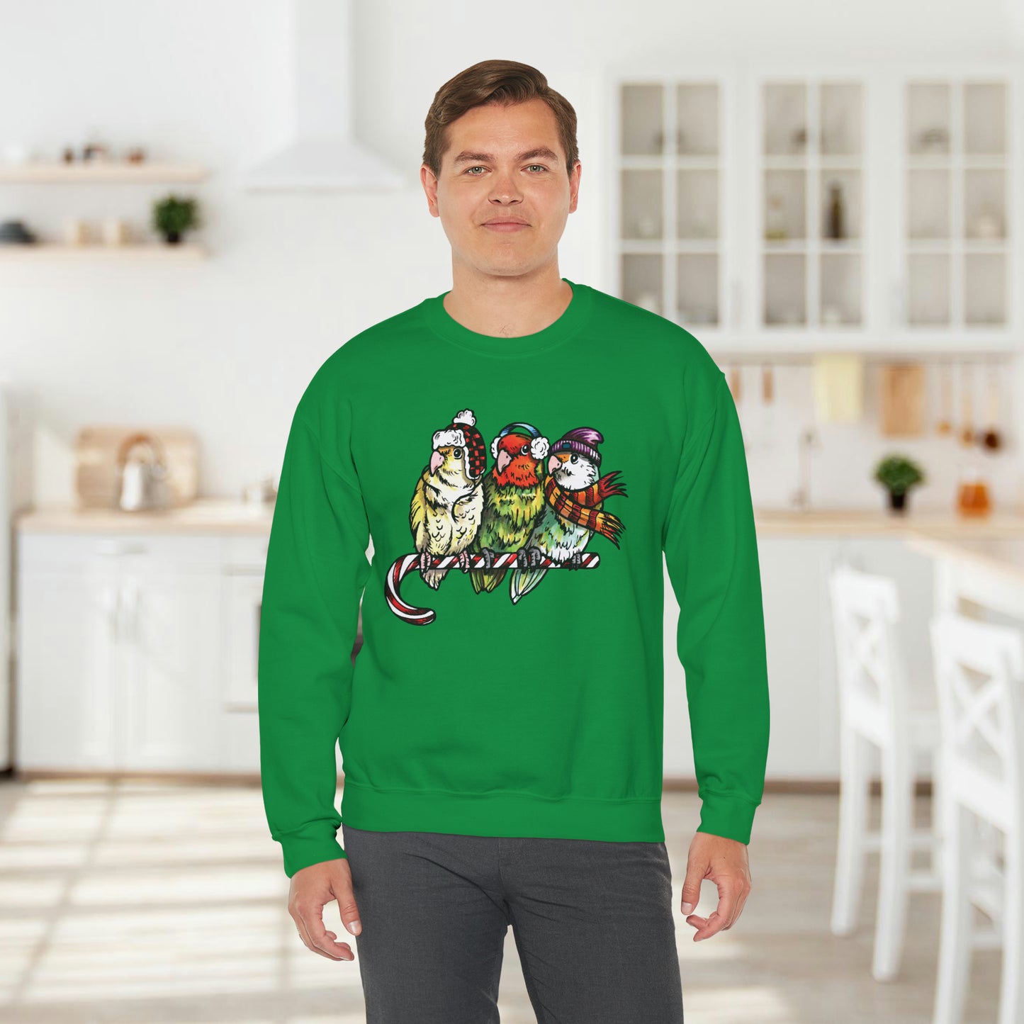 3 tourtereaux avec vêtements d’hiver et perchés sur une canne en bonbon, sweat-shirt à col rond