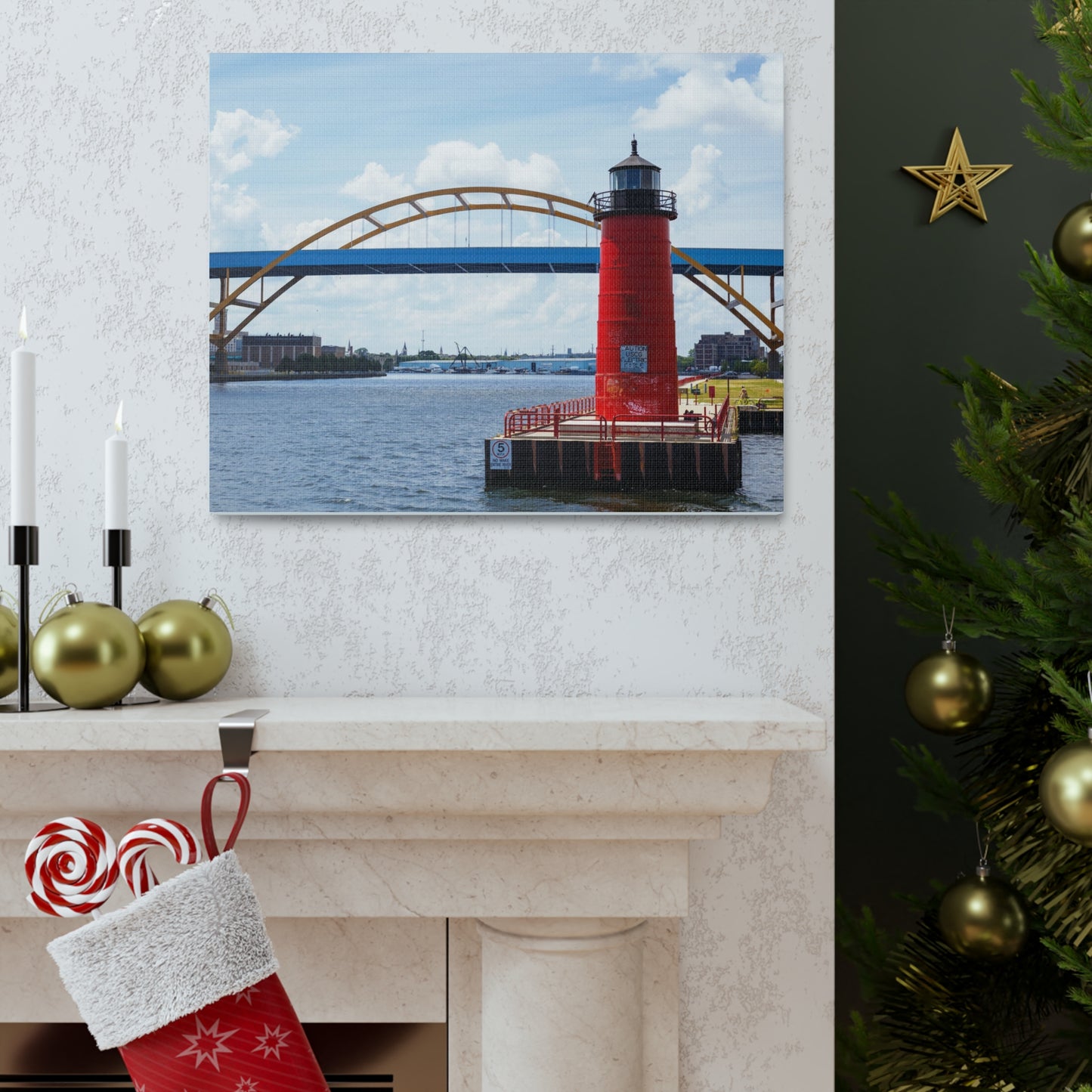 Puente y faro de Milwaukee Wisconsin Hoan; Milwaukee Pierhead Light, fotografía lienzo envoltura arte de pared