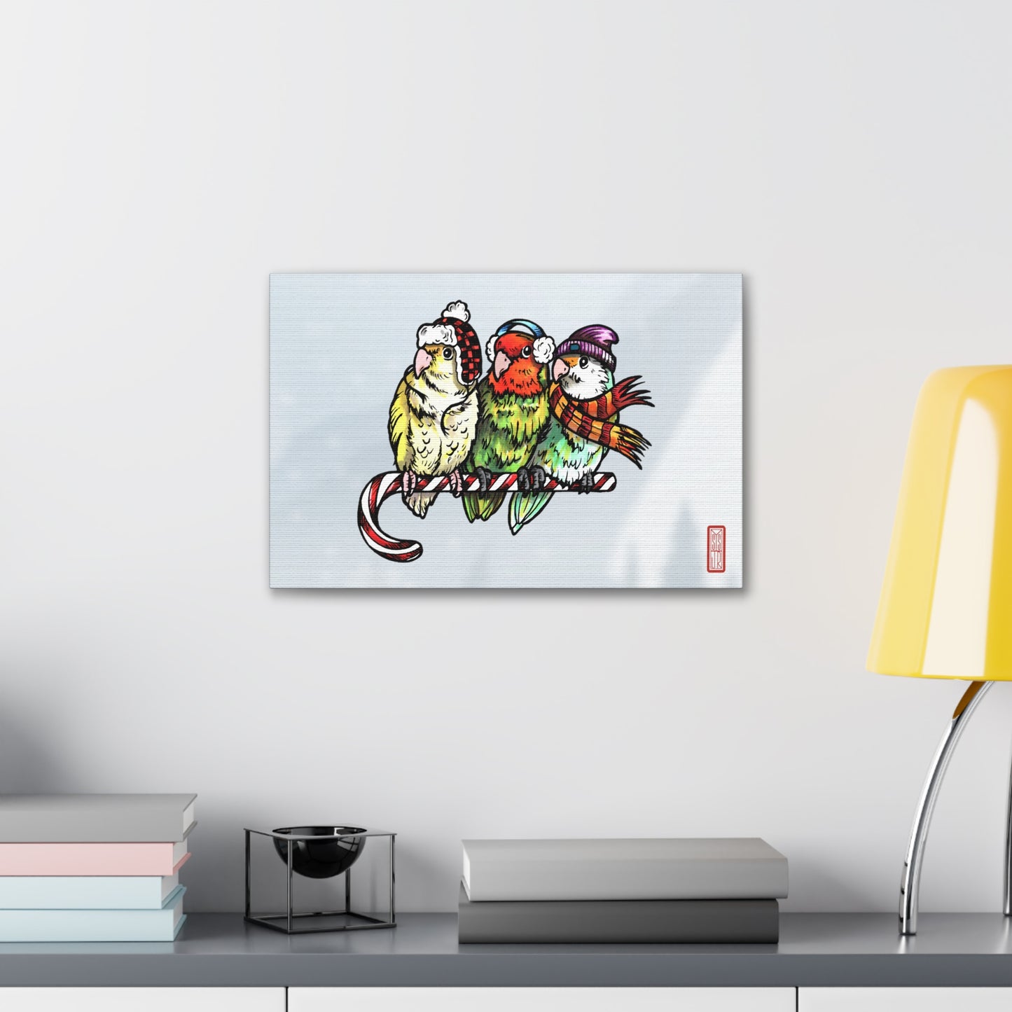 3 Lovebirds with Winter Wear & Perched on a Candy Cane, Canvas Wrap Wall Art