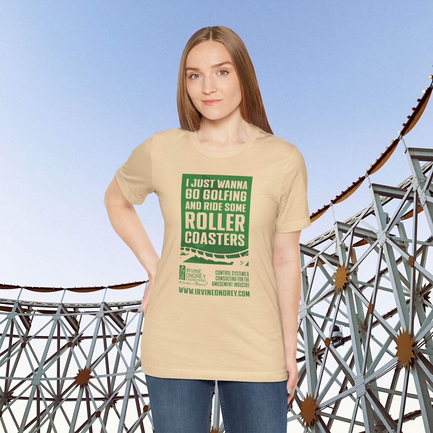 I Just Wanna Go Golfing & Ride Roller Coasters Tee (FRONT graphic) • Irvine Ondrey Engineering