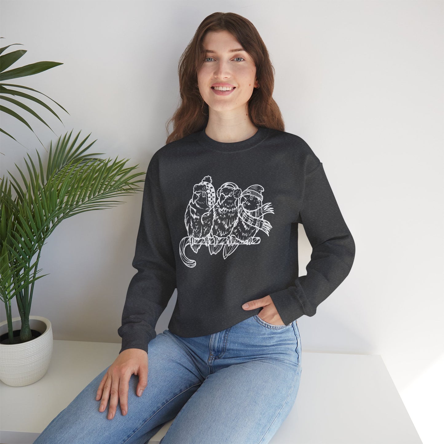 3 Lovebirds with Winter Wear & Perched on a Candy Cane, Line Art Crew Neck Sweatshirt