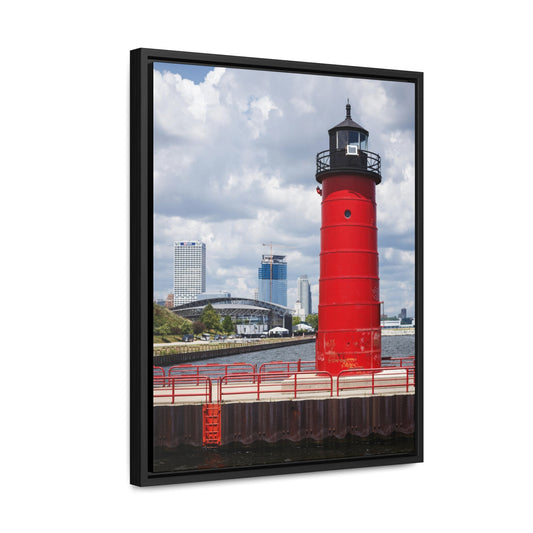 Milwaukee Wisconsin Lighthouse & Skyline; Milwaukee Pierhead Light, Photography Framed Canvas Wrap Wall Art