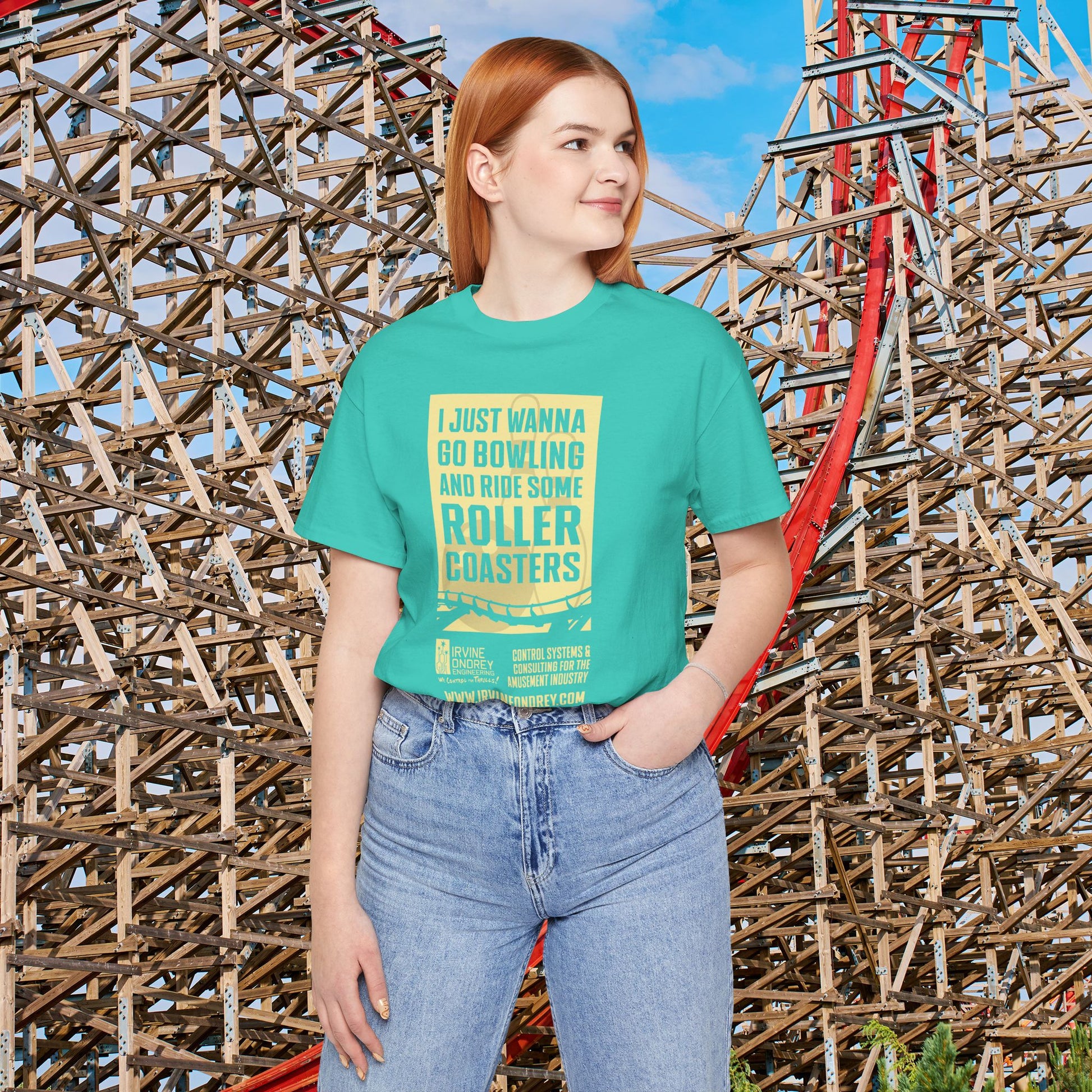 I Just Wanna Go Bowling & Ride Roller Coasters Tee (FRONT graphic) • Irvine Ondrey Engineering