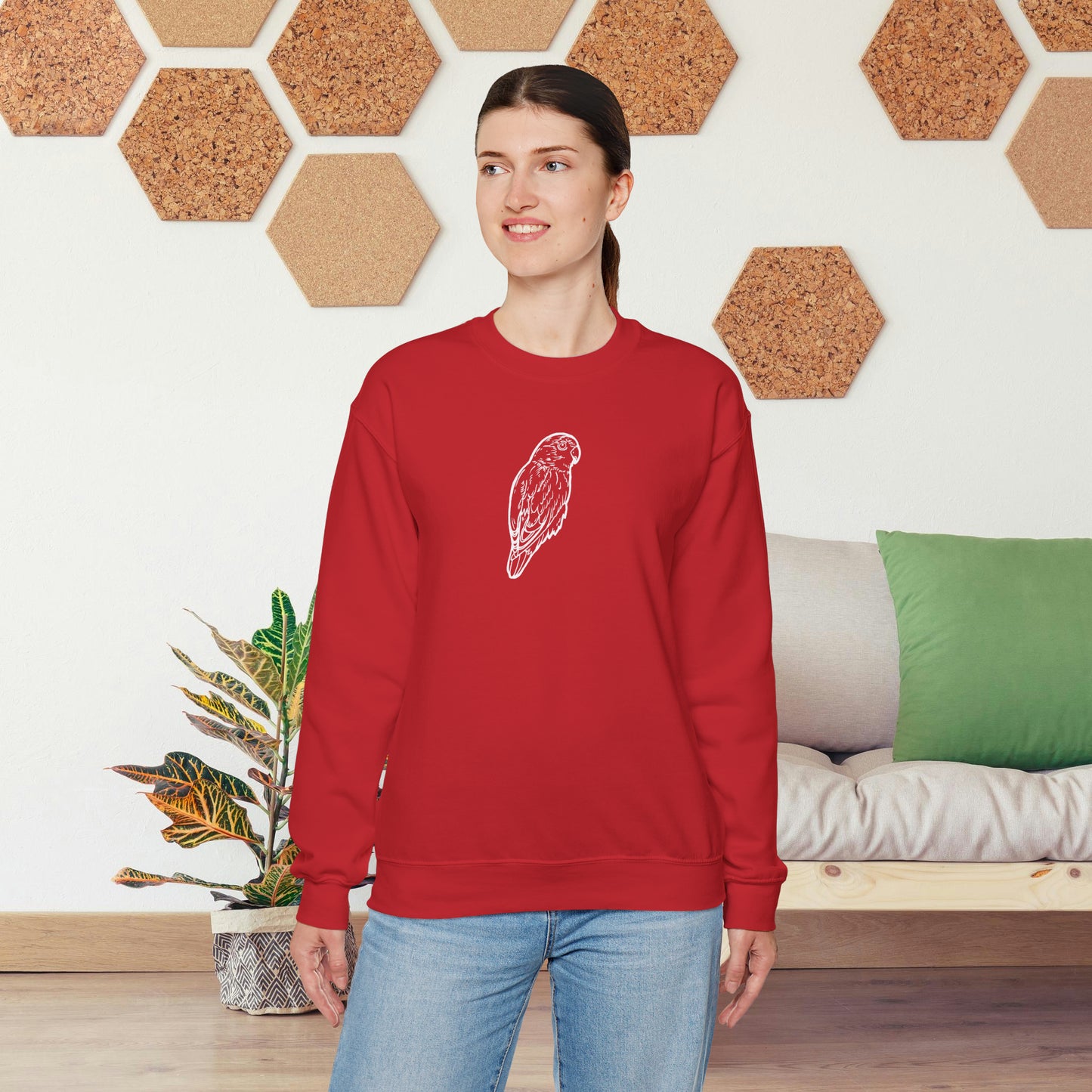 Cuddly Lovebird, sudadera con cuello redondo y arte lineal