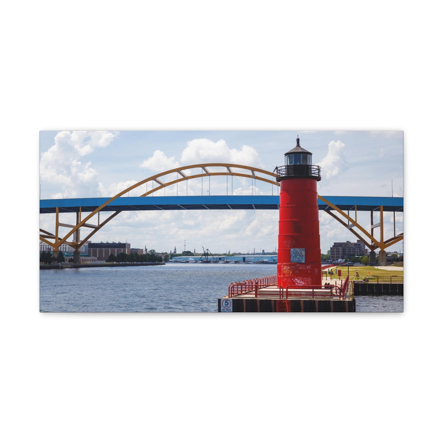 Puente y faro de Milwaukee Wisconsin Hoan; Milwaukee Pierhead Light, fotografía lienzo envoltura arte de pared