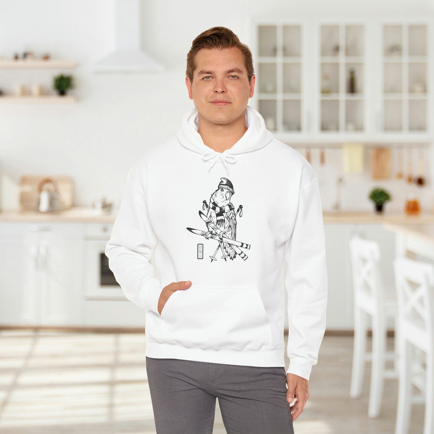 Lovebird Goes Skiing, Line Art Hoodie