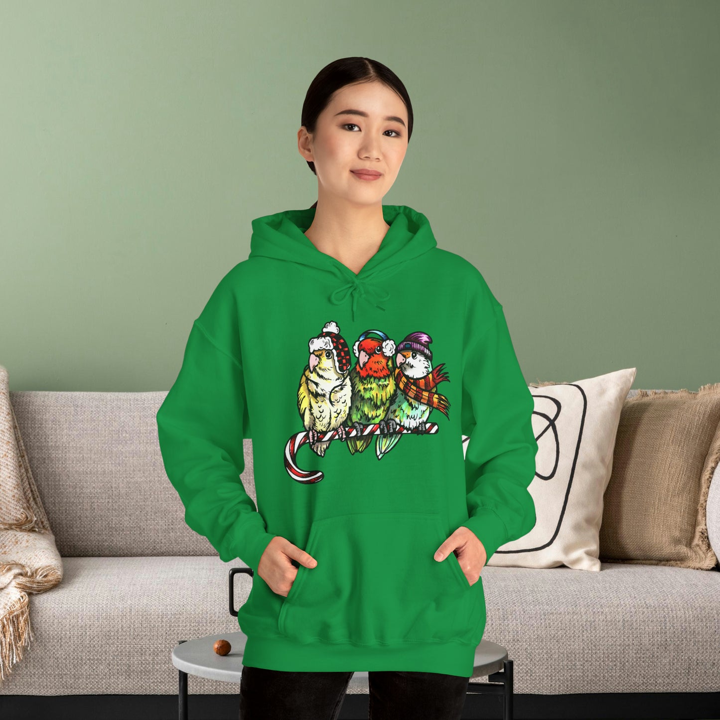 3 Lovebirds with Winter Wear & Perched on a Candy Cane Hoodie
