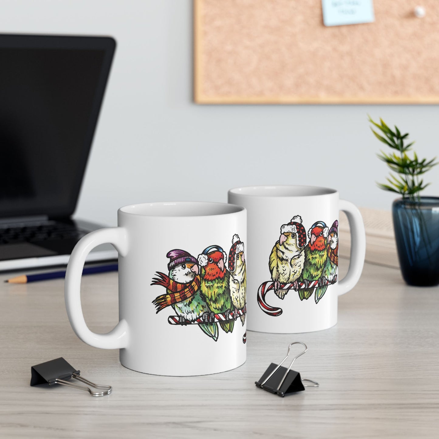3 Lovebirds With Winter Wear & Perched on a Candy Cane, 11oz or 15oz Mug