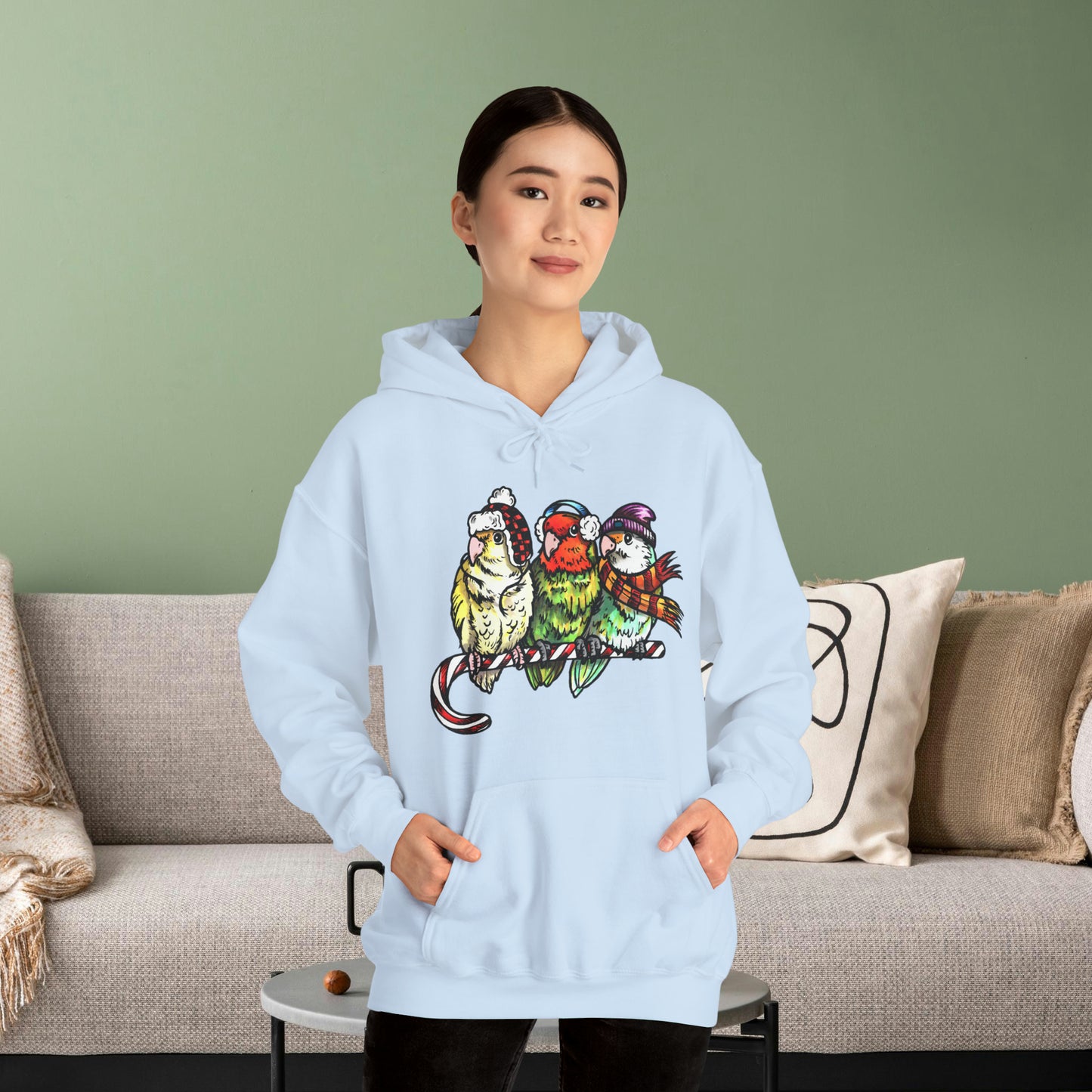 3 Lovebirds with Winter Wear & Perched on a Candy Cane, Hooded Sweatshirt
