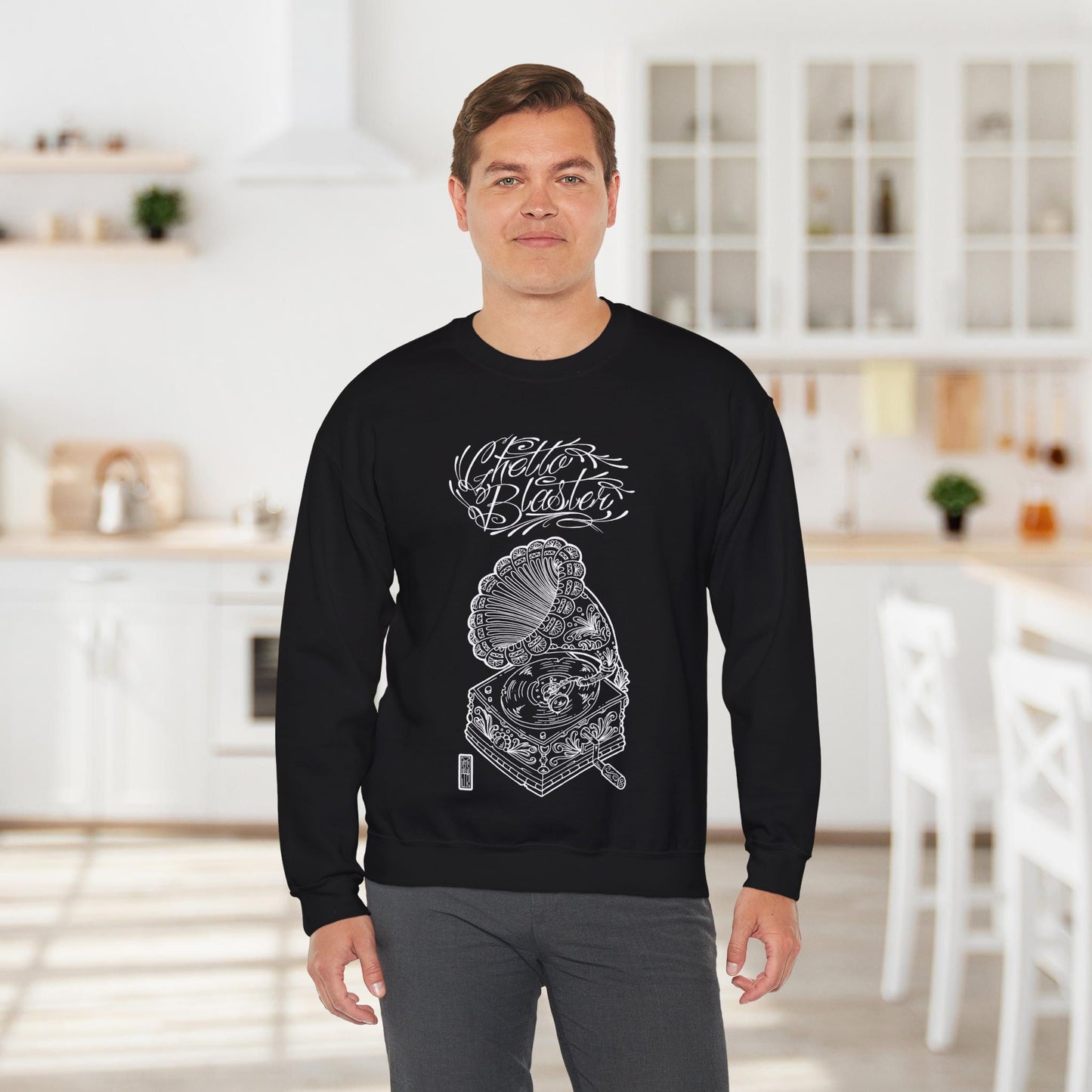 Ghetto Blaster, sudadera con cuello redondo y arte lineal