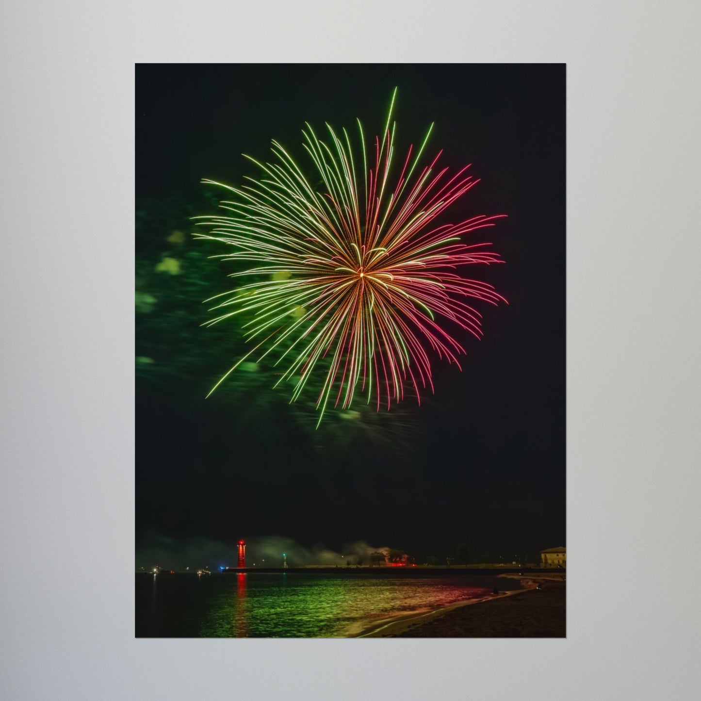 Green & Pink 4th of July Fireworks over Kenosha Pier Light Rolled Poster