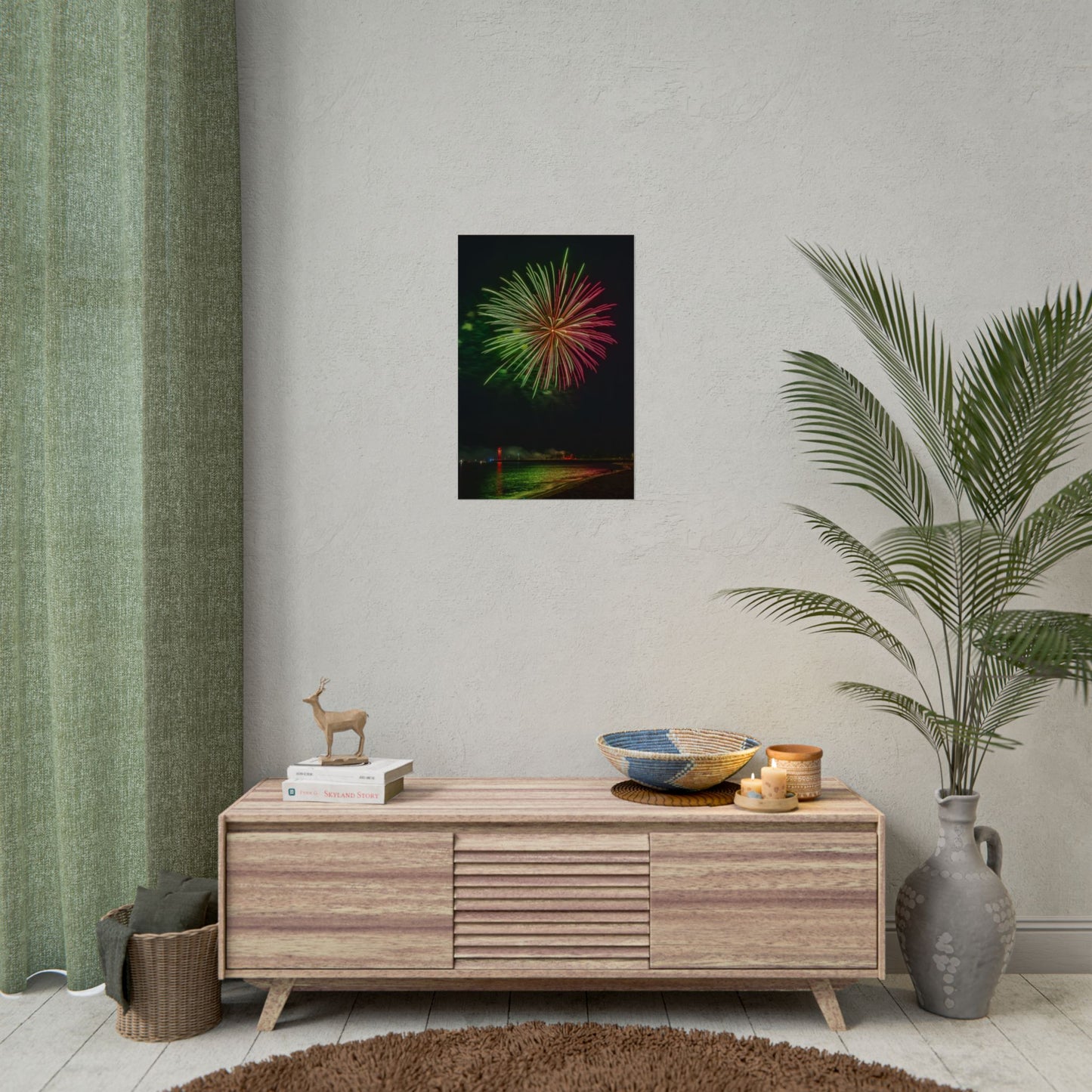 Green & Pink 4th of July Fireworks over Kenosha Pier Light Rolled Poster
