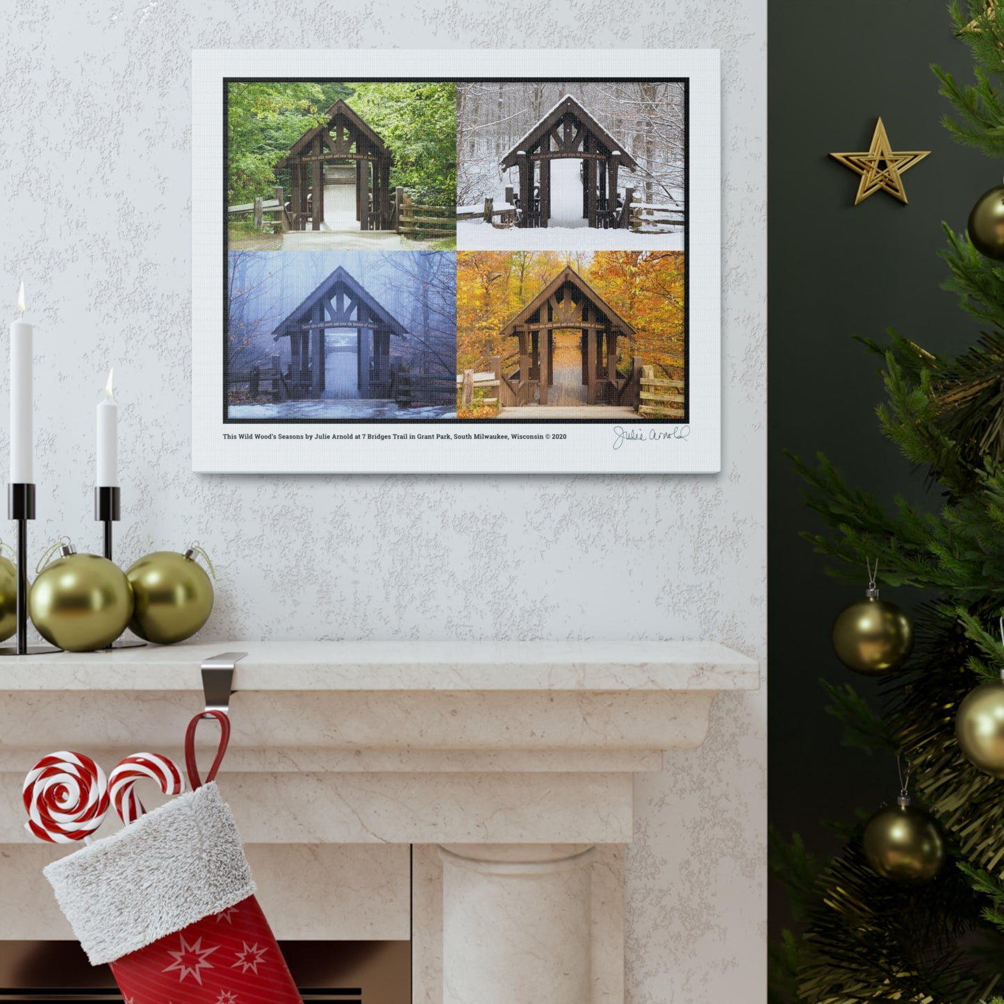 7 Bridges Trail’s Covered Bridge at Grant Park in South Milwaukee Wisconsin, All 4 Seasons Photo Collage, Canvas Wrap Wall Art