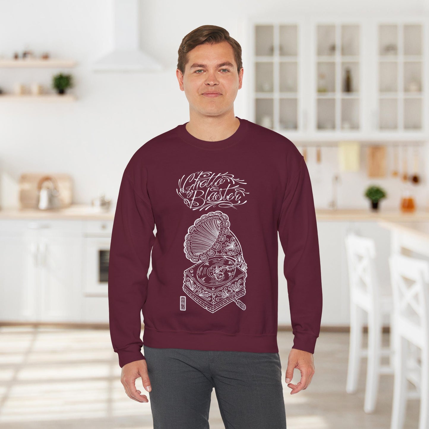 Ghetto Blaster, sudadera con cuello redondo y arte lineal