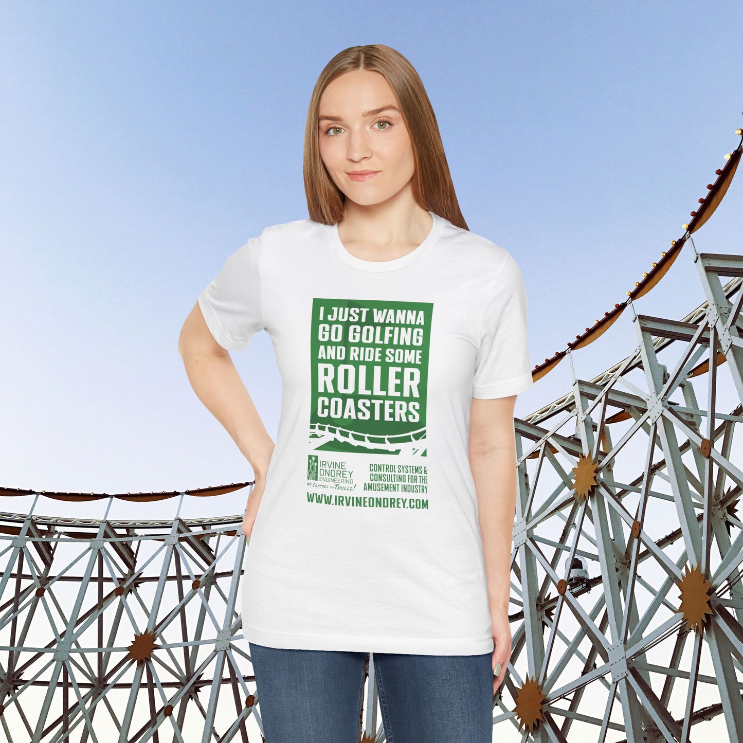 I Just Wanna Go Golfing & Ride Roller Coasters Tee • Irvine Ondrey Engineering