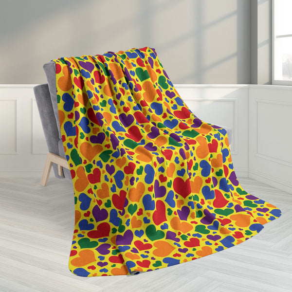60" × 80" Rainbow Pride Hearts Yellow Fleece Sherpa Blanket