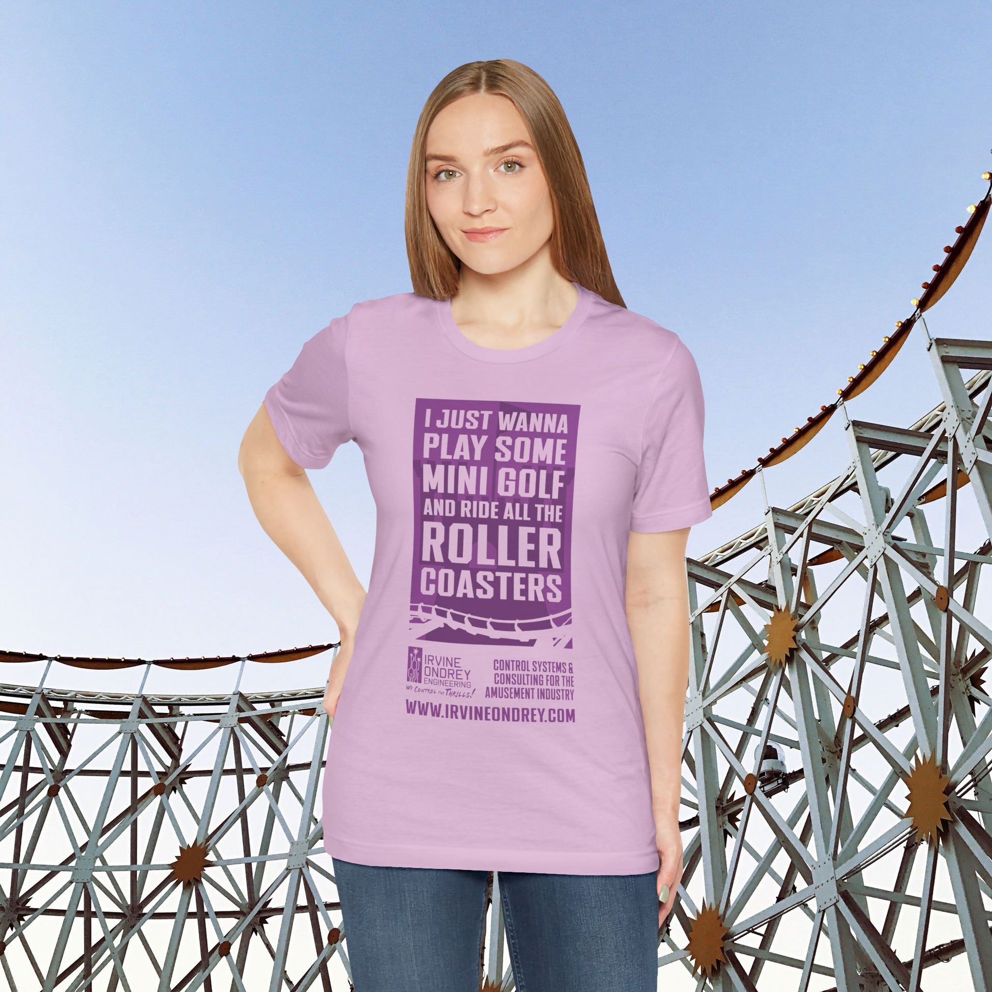 Lilac I Just Wanna Play Mini Golf & Ride Roller Coasters Tee (FRONT graphic) • Irvine Ondrey Engineering