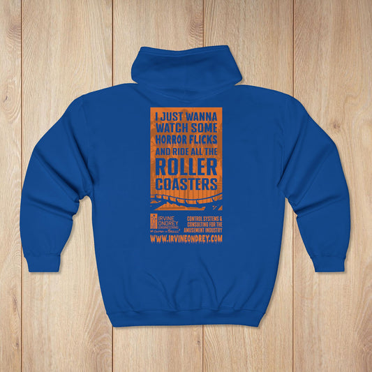 Royal I Just Wanna Watch Horror Flicks & Ride Roller Coasters Zip Hoodie • Irvine Ondrey Engineering